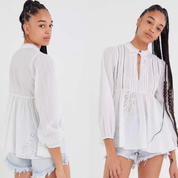 NWT UO Eva White Eyelet Long Balloon Sleeve Ruffled Plunge Neckline Blouse XS